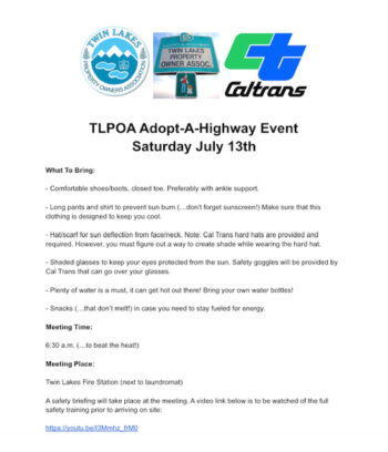 TLPOA Adopt-a-Highway day: Saturday, July 13